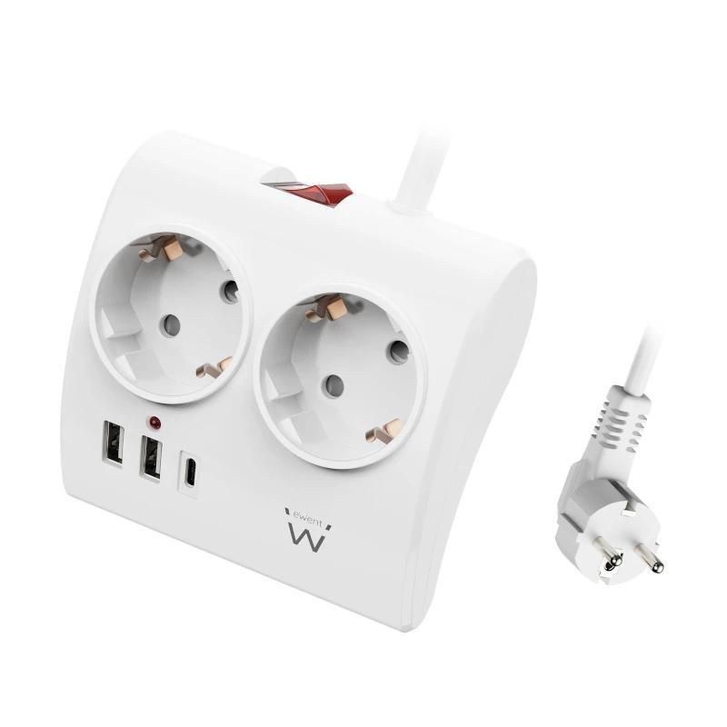 EWENT EW3870 Regleta 2  Shucko 2 Usb-A 1 Usb-C Bl.